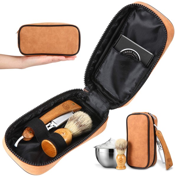 Wood Shavette Straight Razor Kit - Replaceable Blade Straight Razor, Redwood Shavette, No Stropping or Honing, Leather Case, Brush, Bowl, Perfect Travel Kit, Hygienic, Great for Beginners, Great Gift
