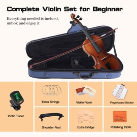ADM 3/4 Size Wood Violin Set for Kids Teens Students Adults Beginner Acoustic Violin Matte Fiddle Starter Kit with Hard Case, Rosin, Shoulder Rest, Bow, Clip-on Tuner and Fingerboard Sticker