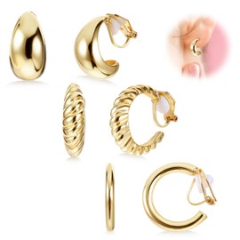 Gold Clip on Earrings, 16K Plated Chunky Waterdrop Tube Hoops Non Pierced Fake Ears Hoop Clip On Gold Earrings Set