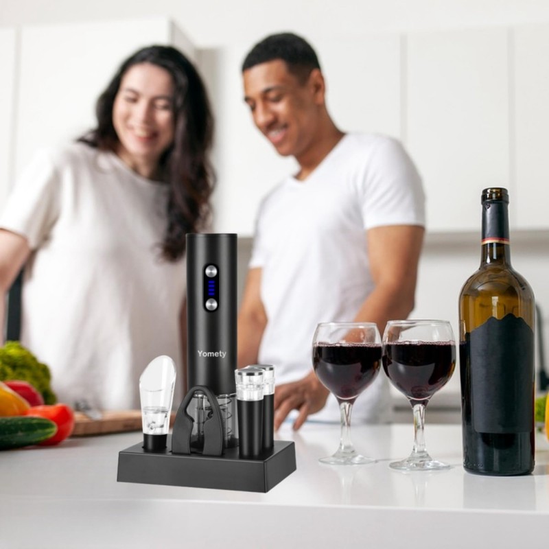 Electric Opener Set With Base, Accessories Including Rechargeable Corkscrew, Aerator,