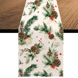 Branch Pine Cones Christmas Table Runner, Xmas Holly Berry Winter Kitchen Dining Table Decoration for Home Party Decor 13x70 Inch