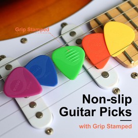 WINGO Guitar Picks with Grip Stamped, Non Slip Textured Picks 5 Pack (073, 088, 1.0, 1.25, 1.5mm) for Acoustic Electric Guitars Bass -Colorful