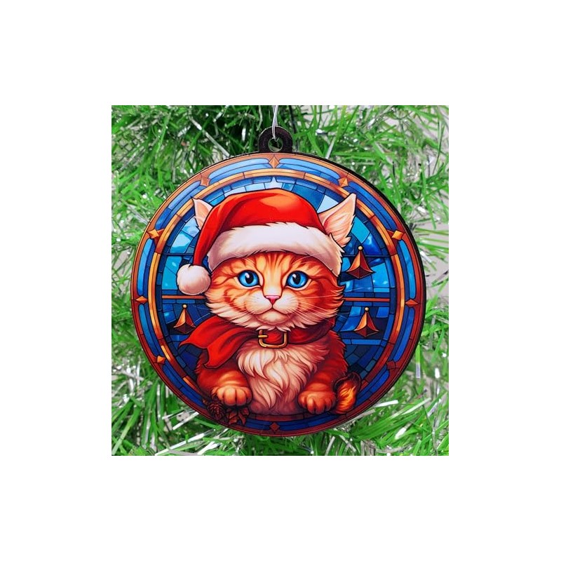 Generic Santa Kitten Cat Stained Glass Themed Ornament