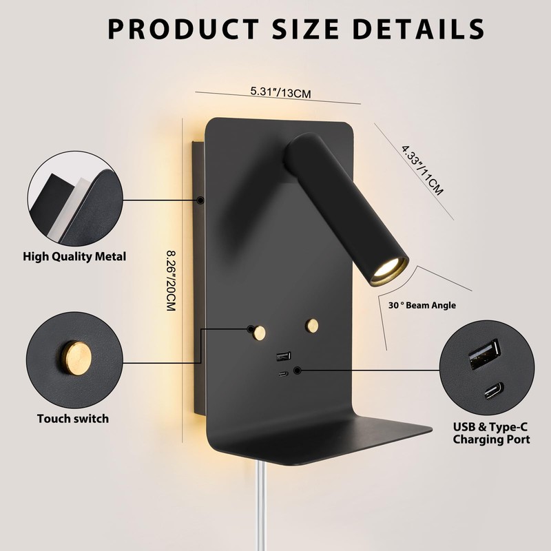 ZEROUNO Modern Wall Mounted Reading Lights Plug in, Black Headboard