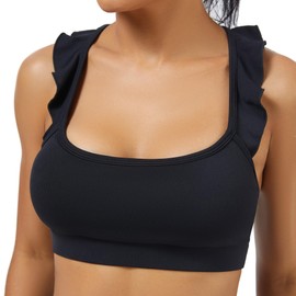 TDCQZY Women's Sports Bras Ruffled Y Back Padded Racerback Supportive Workout Yoga Bra (Large,Black)
