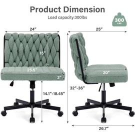 HForesty Criss Cross Legged Office Desk Chair with Wheels, Modern Armless Desk Chair with Wide Seat, Home Office Chair for Work, Meditation, Vanity, Green