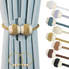 Hangtty Curtain Tiebacks Magnetic Rope Tie Backs Handmade Curtains Holders for Drapes Outdoor Decorative Window Holdbacks, Gold 2Pack