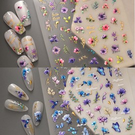 Flower Nail Art Stickers Decals 5D Embossed Spring Floral Nail Art with Gold Accent Leaf Stickers for Nails Designs Self Adhesive Nail Supplies & Decorations for Women Girls 2 Sheets
