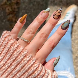 LBPEPAMZ 24Pcs Butterfly Press on Nails Medium Almond Fake Nails with Brown Gradient Designs Blue French Tips False Nails Gold Full Cover Glossy Stick on Nails Cute Spring Glue on Nails for Women