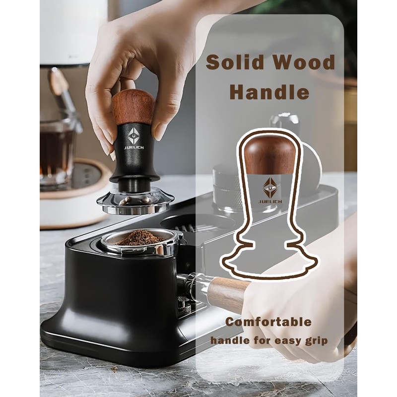 JUELICH 53mm Espresso Tamper with Wooden Handle – Spring-Loaded Coffee