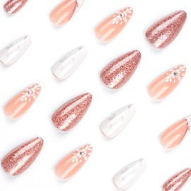 Christmas Press on Nails Almond Shaped Glossy Full Cover Acrylic Medium Length Almond Glitter False Nails with Snowflake Designs Artificial Xmas Fake Nails with Glue ons Fingernails for Women Girls