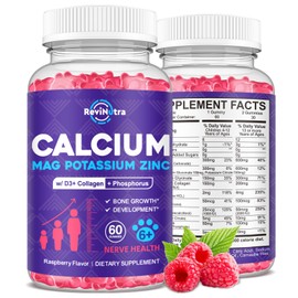 Calcium Potassium Magnesium Gummies for Kids & Adults, with Hydrolyzed Collagen, Zinc, Phosphorus, Multivitamin for Sleep, Bone Strength, Density Support, Sugar Free,Raspberry 60 Gummies