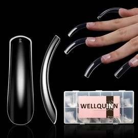 Uñas postizas cuadradas curvas Wellquinn, cobertura total, extra curvas, transparentes, XXL, largas, acrílicas, 12 tamaños, 240 unidades