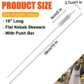 SHIKORI Kabob Skewers,15 inch Metal Skewers for Kabobs with Push Bar Skewers for Grilling, Stainless Steel Flat BBQ Skewers for Meat (6-Pcs)