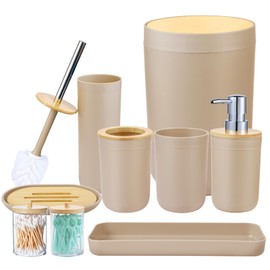 iMucci Bathroom Accessories Set - with Trash Can Toothbrush Holder Soap Dispenser Soap and Lotion Set Tumbler Cup(9Pcs Beige Wood Cover)
