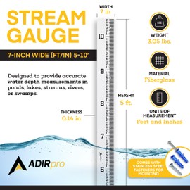 AdirPro 7" Wide Stream Gauge - Heavy Duty & All Weather - Water Depth & Flow Meters - Graduated in Feet/Inches (5-10')