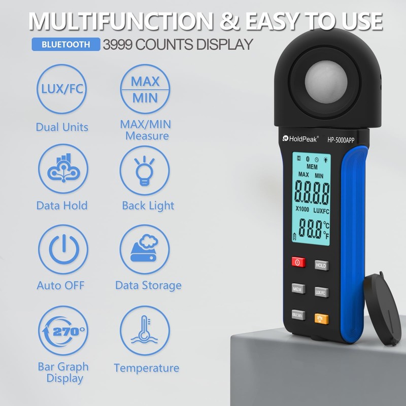H HOLDPEAK Luminosit 400,000 Lux 5000 APP Digital Light Meter