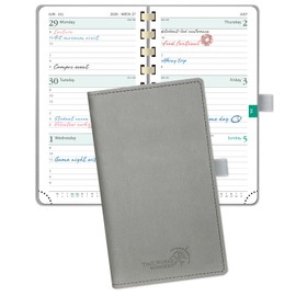 POPRUN 2026 Pocket Planner (Slim Size 3.5" x 6.5") Weekly and Monthly Calendar for Purse, with Hourly Time Slots, 100GSM Thick Paper, Spiral Soft Cover, Pen Holder - Grey