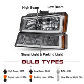 JSBOYAT Fit for 2003-2006 Chevy Silverado Headlight Assembly 4pcs w/LED DRL 03-06 Avalanche w/Bumper Lights OE Style Replacement Bulbs Included Amber Reflector with Smoke Lens