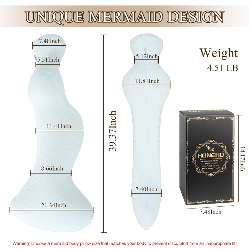 HONEHO Small Mermaid Body Pillows, Cooling One Piece Body Pillows