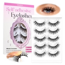 CALAILIS Self Adhesive Eyelashes 5 Pairs Natural Look Press On Lashes No Glue Need Eyelashes Reusable Cat Eye Wispy Self-adhesive False Lashes with Replacement Adhesive Strips (C130)