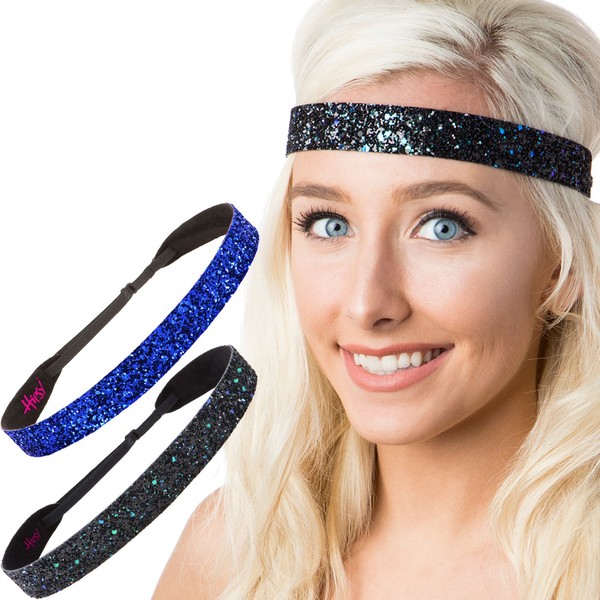 Hipsy Adjustable No Slip Wide Bling Glitter Headband 2-packs for Women Girls & Teens (Peacock & Royal Blue)