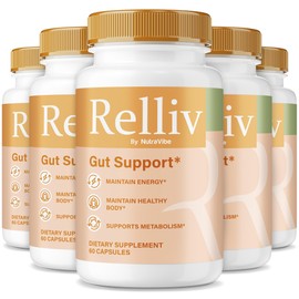 (5 Pack) Relliv – Premium Gut Support Formula with All-Natural Ingredients to Help Maintain Digestive Health and Comfort, Gentle and Easy-To-Swallow Pills, Just Take 2 Caps Daily (300 Capsules)