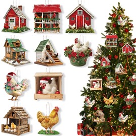 Amyhill 30 Pcs Christmas Chicken Wooden Ornaments Set Funny Christmas Chicken Decor Santa Hat Scarf Lanterns Farmhouse Chicken Christmas Ornament for Holiday Party Christmas Tree (Farmhouse)