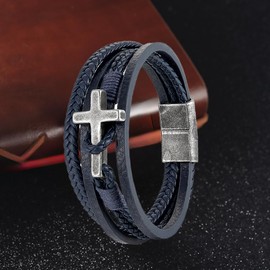 REchoLI Cross Bracelet for Man Black/Brown/Blue Braided Leather Bracelet with Stainless Steel Silver Cross Charm Stylish Christian Jewelry (Blue)