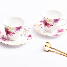 POWDONUNT Vintage Floral Porcelain Tea Cup and Saucer Set with Gold Trim, Spoon, Espresso, Coffee, Gift Boxes (2, Plum blossom)