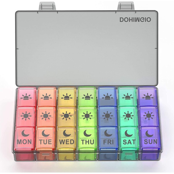 7 Day Pill Box Organiser 3 Times a Day, Large Weekly Pill Box Case with 21 Compartments for Morning Noon Evening - Rainbow Colour