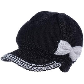 an Black Wool Beanie Cap Cabbie Hat Plush Lined Visor Beanie Hat with Bow