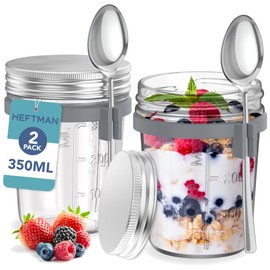 HEFTMAN Mason Jars for Overnight Oats - 2 Pack 350ml Overnight Oats Jar with Spoons & Airtight Stainless Steel Lids - Food-Safe Glass Breakfast Pots for Yogurt, Chia Pudding - 12oz, Reusable (2 PCS)