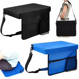 Hosuly 2 Pcs Portable Stadium Seat Without Back Stadium Seat for Bleacher Lightweight Bleacher Seat Cushion with Shoulder Strap and Cup Holder for Sporting Travel Hiking Fishing Camping(Black, Blue)