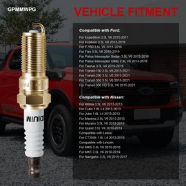 GPMMWPG Iridium Spark Plug SP580X CYFS12YT4X Compatible with Ford F150 Explorer Transit-150 250 350 3.5L V6, for Nissan Altima Maxima Murano, for Lincoln MKS MKT, for Toyota Corolla 1.8L L4, 6 Pack