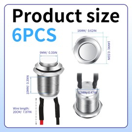 Pack of 6 Pressure Switches, Waterproof Push Buttons, 12 mm Button with Wire, Momentary Stainless Steel Push Switch, Button Switch 2A/12V/24V/125V/250V, Round Button On/Off for Horn, Bell, Car (High