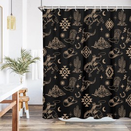EGLGCC Extra Long Shower Curtain 72x84 Inch Western Cowboy Aztec Desert Southwest Boho Cactus Black Gold Bull Skull Farmhouse Country Fabric Polyester Cloth Washable Waterproof Bathroom Decor 12 Hooks
