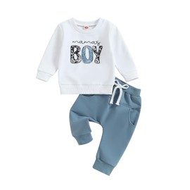Carolilly Toddler Baby Boys 2pcs Valentine's Day Mother's Day Outfits, Letter Print Long Sleeve Sweatshirt + Elastic Casual Pants Suit (Blue White, 2-3 Years)