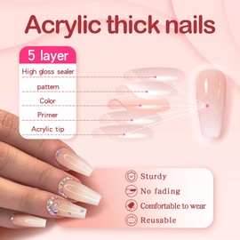 Yivaiks Rhinestone Press on Nails Medium | Long Coffin Glossy Acrylic Press ons Fake Nails with Glue on Nails Artificial Pink False Nail Kit 24pcs