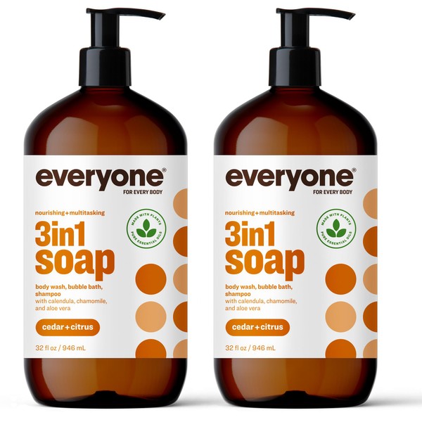 Everyone 3-in-1 Soap, Body Wash, Bubble Bath, Shampoo, 32 Ounce (Pack of 2), Cedar and Citrus, Coconut Cleanser with Organic Plant Extracts and Pure Essential Oils (Packaging May Vary)
