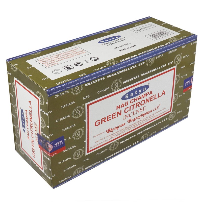 Satya 01356 Green Citronella Incense Sticks, 12 Packs x 15g,
