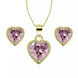 Paris Jewelry 14k Yellow Gold Heart 4Ct Created Pink CZ Full Set Necklace 18 inch Plated