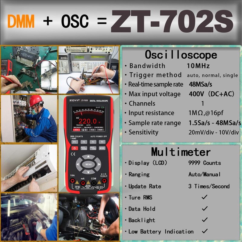ZOYI ZT-702S Digital Oscilloscope Multimeter, 9999 Counts, True RMS, AC/DC