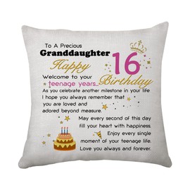 Hasodeo Granddaughter 16th Birthday Gifts Cushion Cover Pillow Cover from Grandma 16 Year Old Girls Gifts for Granddaughter Birthday Presents (GD16th)