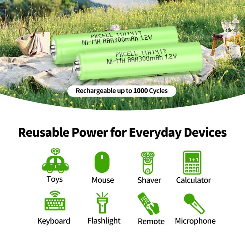 PKCELL Rechargeable AAA Battery,300mAh Ni-MH Battery,Pre-Charged Battery for Garden Solar