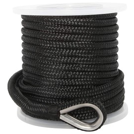 NovelBee 1/2 Inch X 50 Feet Double Braid Nylon Anchor Line with Stainless Steel Thimble and Plastic Chuck (Black)