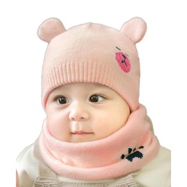 miaotti Baby Knit Hat, Neck Warmer, 2-Piece Set, Baby, Newborn, Winter, With Ears, 0-2 Years Old, One Size Fits All, Pink