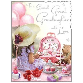 Birthday / Greetings Card (JJ1429) Special Great Granddaughter - Tea Party - Silver Embossed