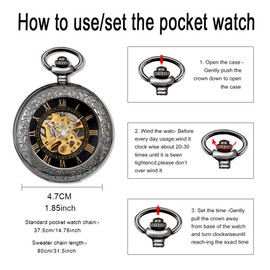 Unendlich U Men's Unisex Retro Hand-Winding Mechanical Pocket Watch Roman Numerals Hollow Skeleton Chain Watch with Sweater Necklace Gift for Birthday Anniversary Day Christmas Father's Day, black,