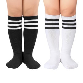 Zando Toddler Soccer Socks White Knee High Socks for Girls Three Striped Cotton Long White Socks Boys Dress Socks Toddler Athletic Tube Socks School Uniform Socks 3-6 Years Black White/White black